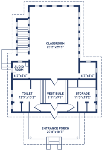 Norwood activity building floorplan. 
 The building is red brick with 5 stairs  at its entrance.  The Interior rooms dimensions are classroom is 20 feet by 29 feet, entrance porch is 20 feet by10 feet, vestibule 9 feet by 9 feet.