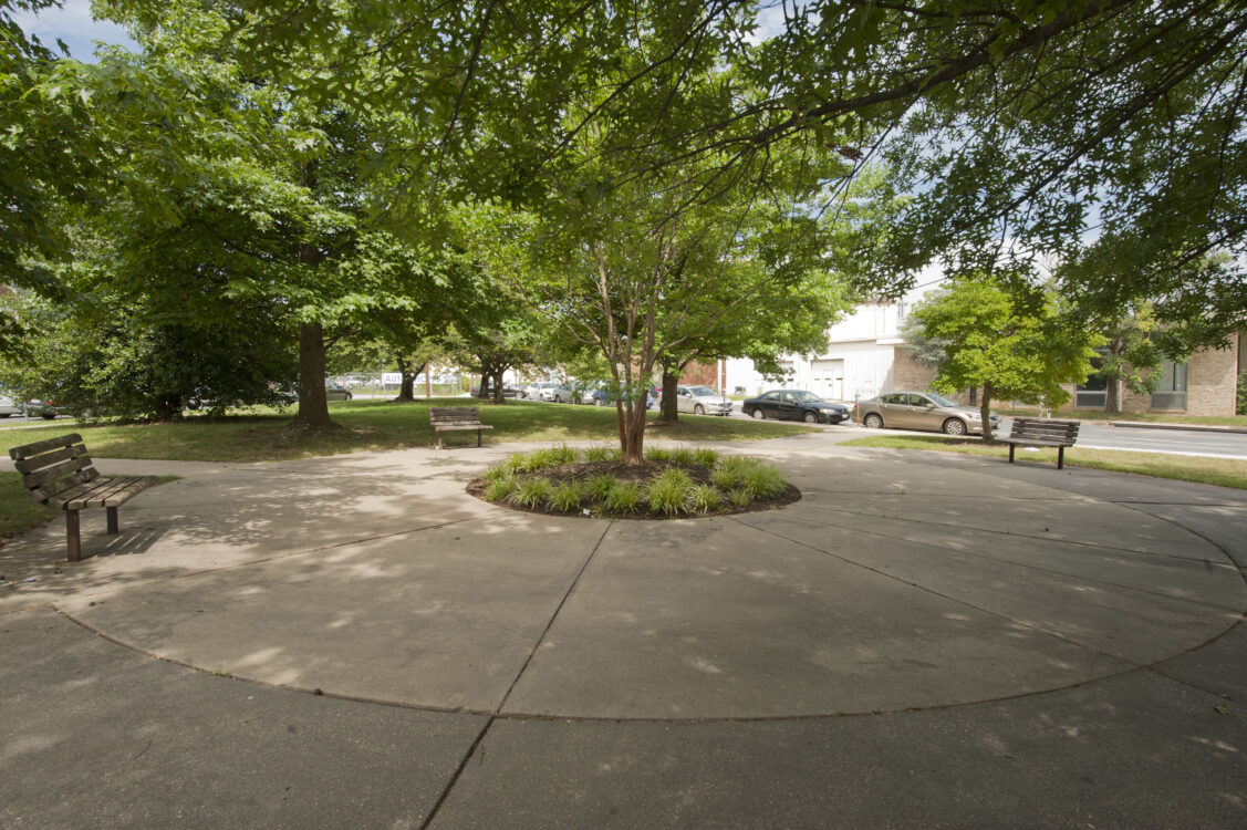 Round about pathway with benches at Fenton Street Urban Park