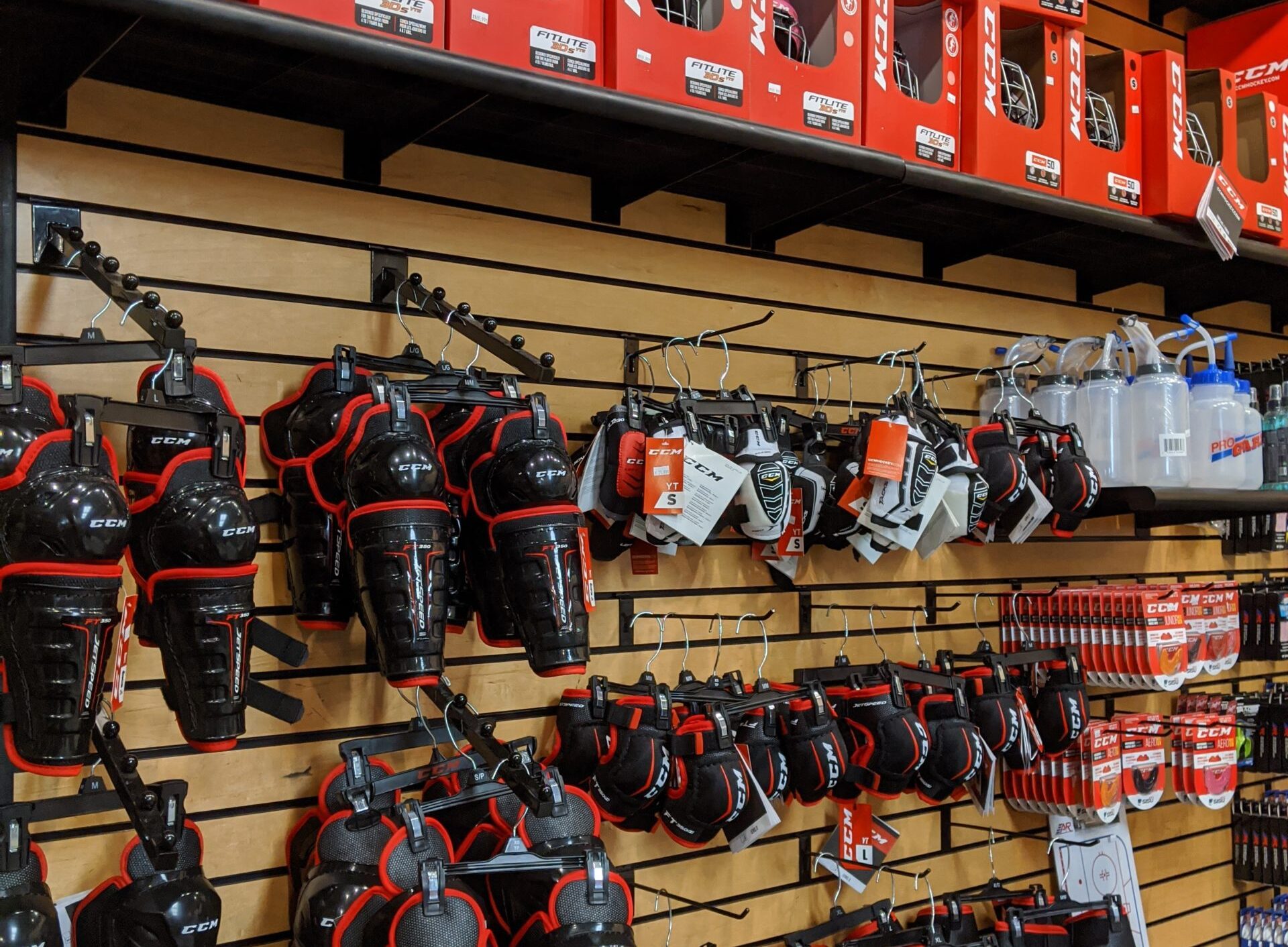 Wall of hockey pads