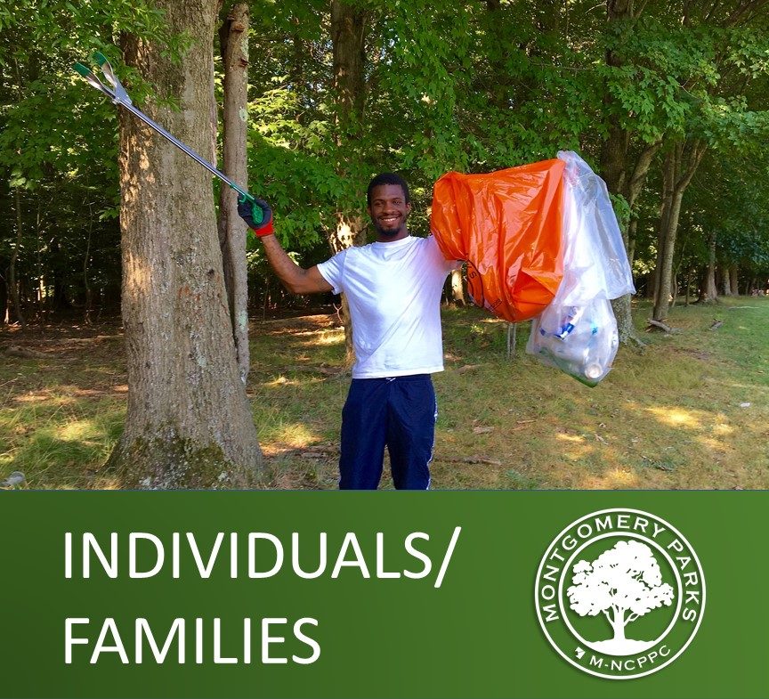 young volunteer holding trash bags and litter grabber, text reads individuals or families