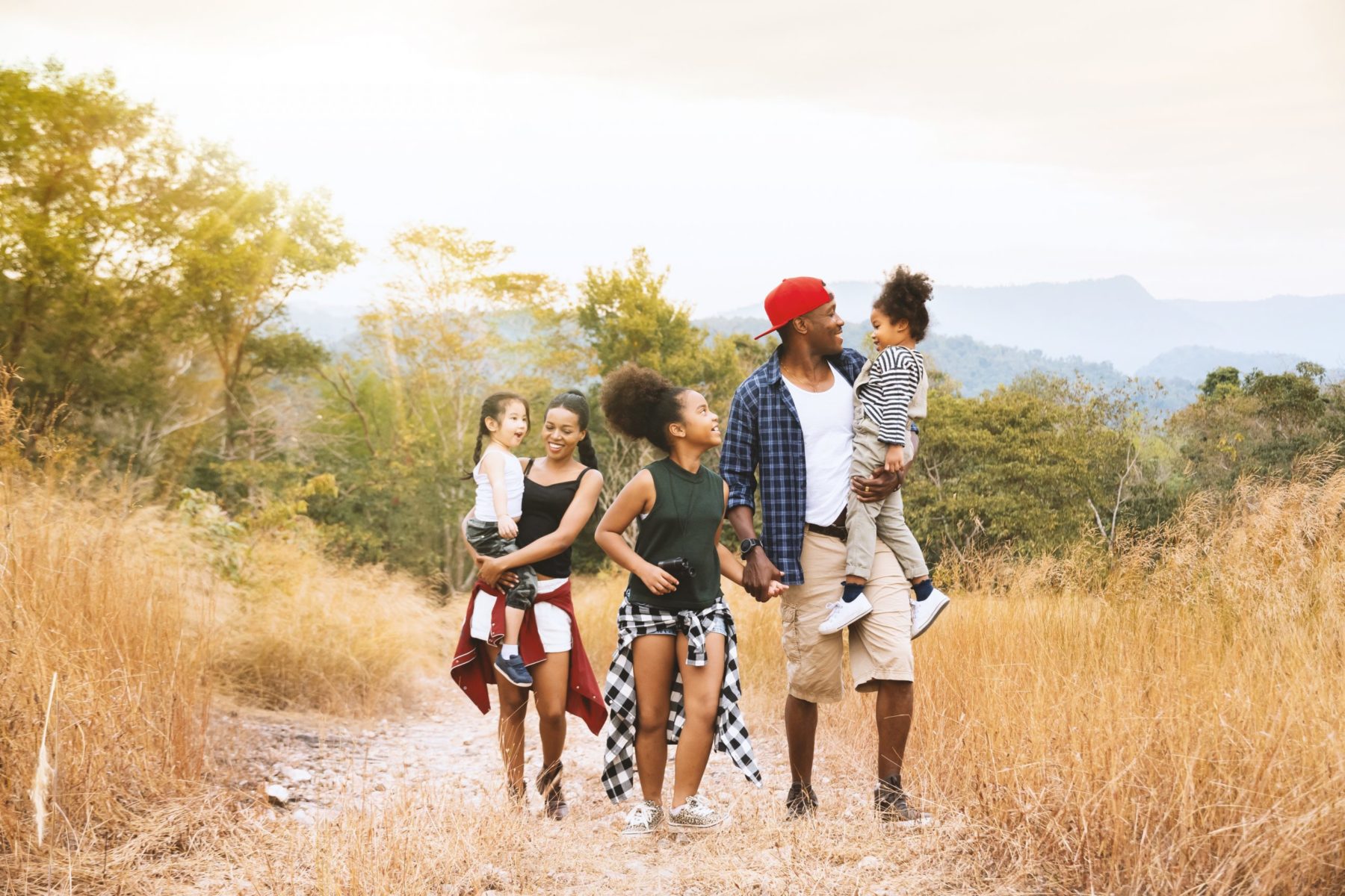 family walking on a path