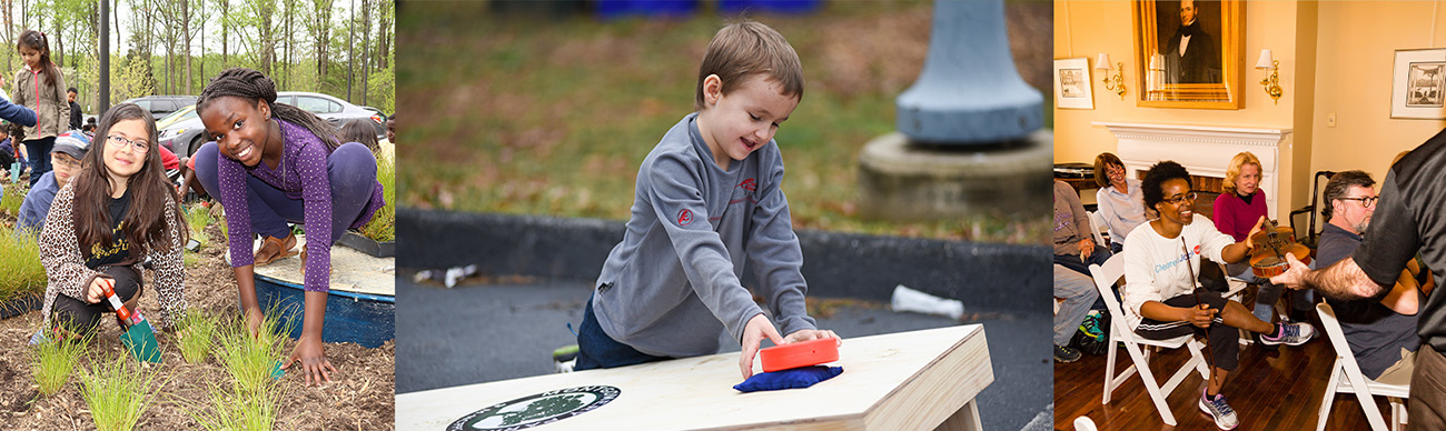 kids planting, child playing cornhole, woodlawn history event