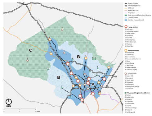 Montgomery County Parks Service Areas. Service areas provide context-appropriate guidance for park acquisition, development, and management. The Thrive Montgomery 2050 Growth diagram illustrates growth concepts and potential centers of activity, but the diagram should be considered in the context of the Compact Growth and Complete Communities chapters. The centers of activity shown are not exhaustive of all existing or potential centers.