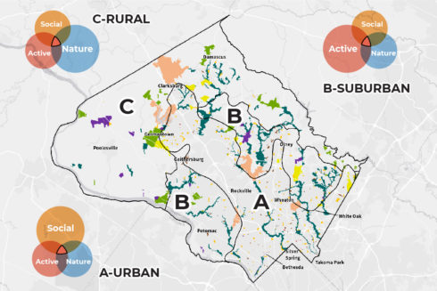 PROS Service Areal, Experiences Overlaps Map and M-NCPPC Parks Distribution Table.