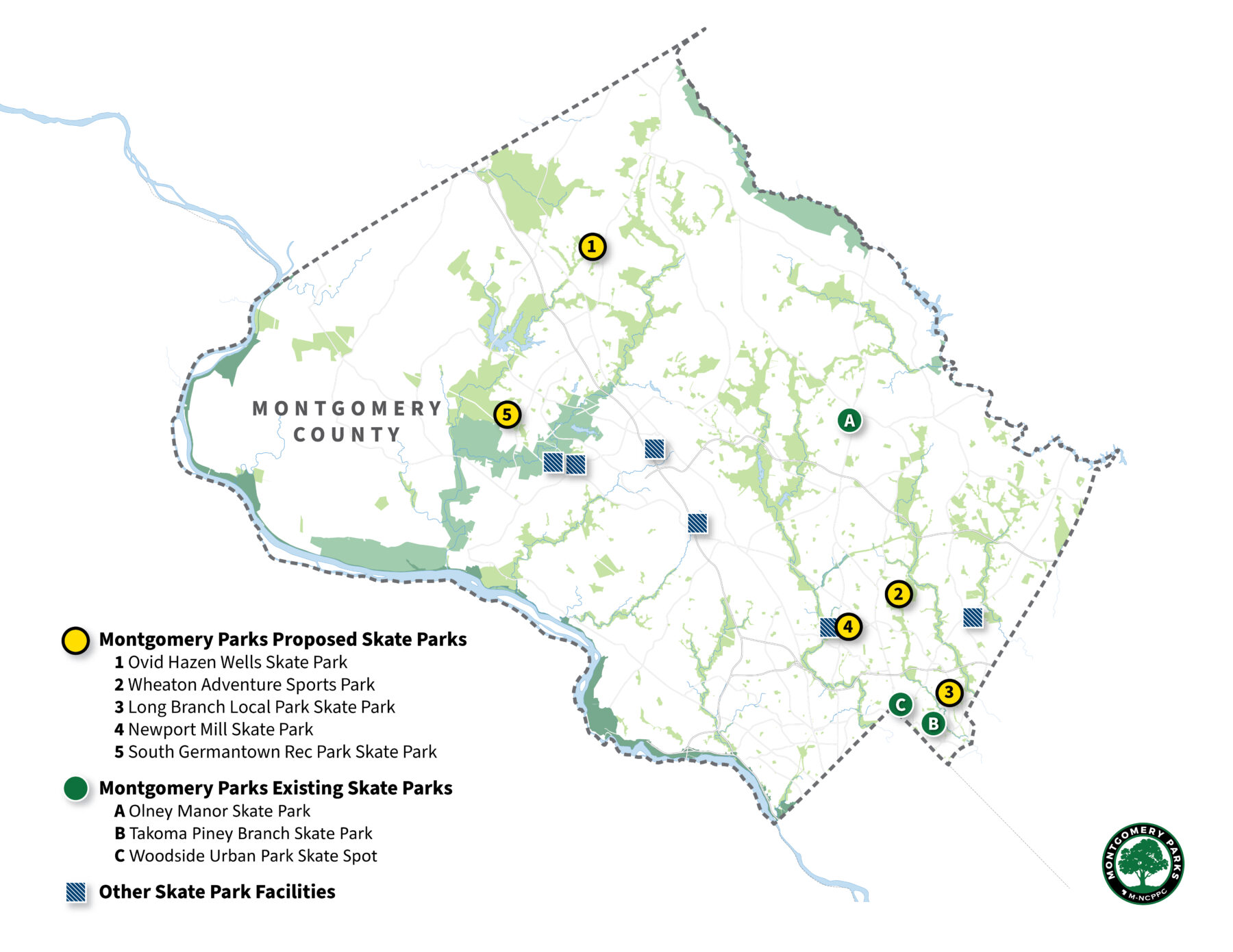 This map shows locations of proposed skate parks, existing skate parks, and skate parks owned by other entities.