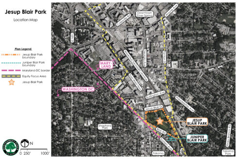 Proposed concept plan showing three proposed "zones" inside Jesup Blair Park - contemplative, social, and active. This concept was included in the approved SSDAC Sector Plan.