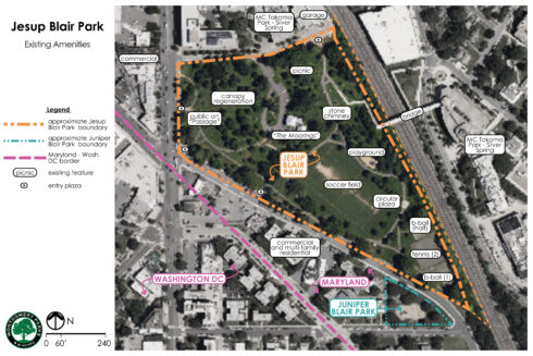 Enlarged aerial map of Jesup Blair Park, showing existing amenities inside the park and immediate surroundings.