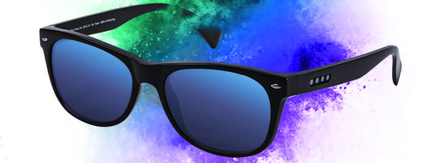 A photo of a pair of EnChroma sunglasses. Behind the glasses is a splash of color and the word EnChroma written on the bottom