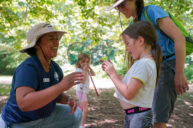 A child camper and two camp counselors looking excitedly at a cool discovery. Another child camper stands in the background with a net.