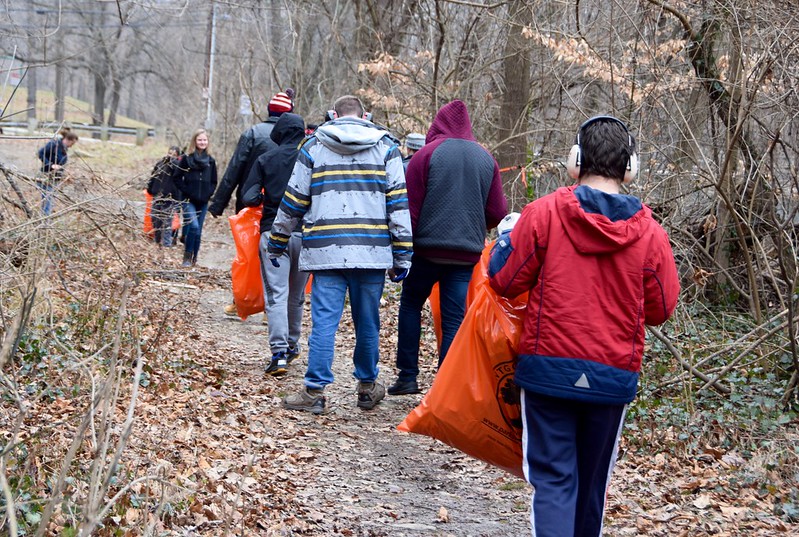 A group of volunteers heading to the cleanup area.