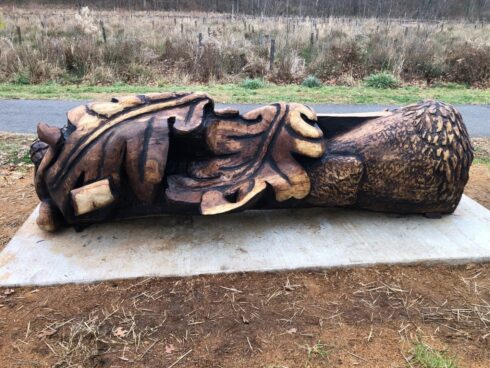 The back of the Linden Oak bench carving