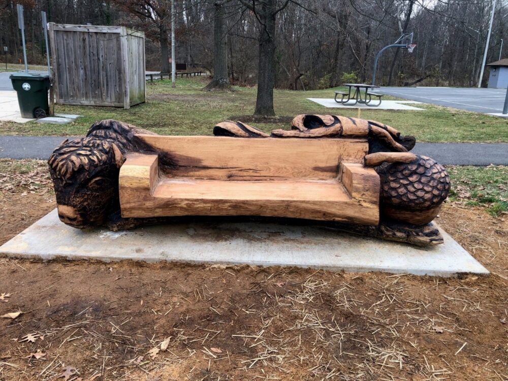 The front of the Linden Oak bench carving