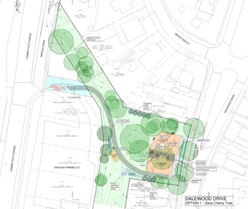 This concept protects the existing Cherry Tree by creating two playgrounds separated by a decked seating area under the existing tree.   A 10’ wide asphalt path connects the park to Connecticut Avenue and provides a small workout area.