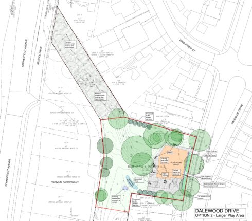 This concept creates a larger playground with a concrete walk wrapping around it with picnic seating under an existing tree.   A large paved multi-use area south of the playground can be used for group events, basketball hoop, or other hard surface games such as hopscotch or 4-square.   

