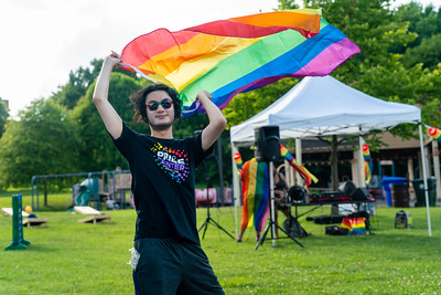 person holding pride flag over their head 